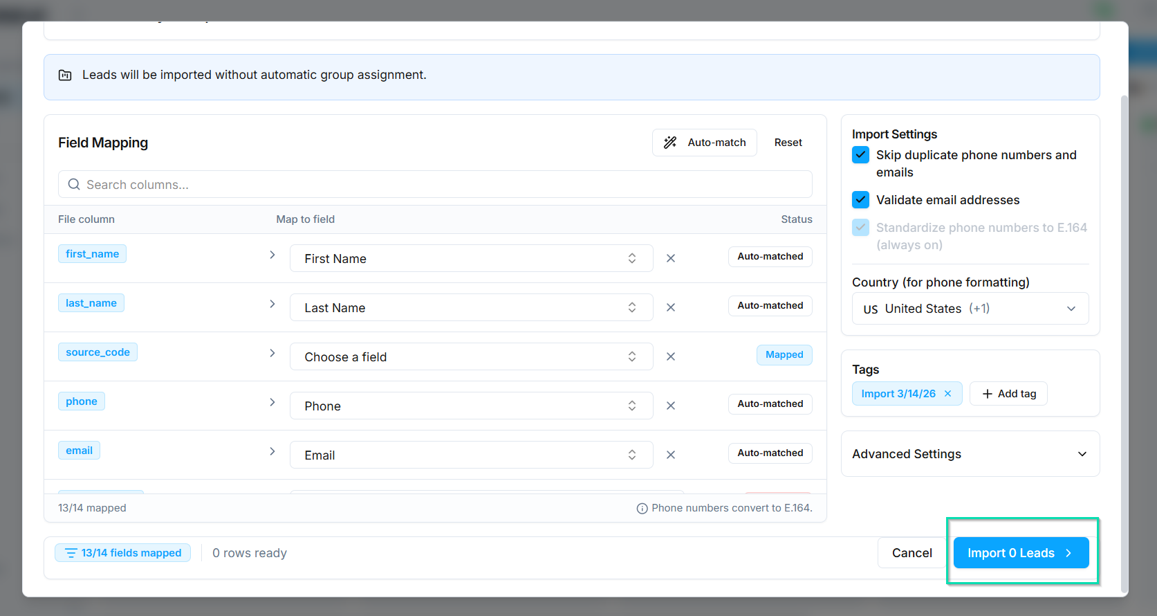 Confirm and start the import.
